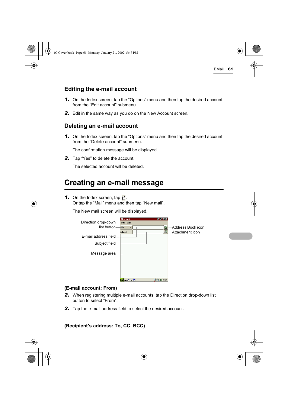 Creating an e-mail message, Editing the e-mail account, Deleting an e-mail account | Sharp SL-5500 User Manual | Page 66 / 148