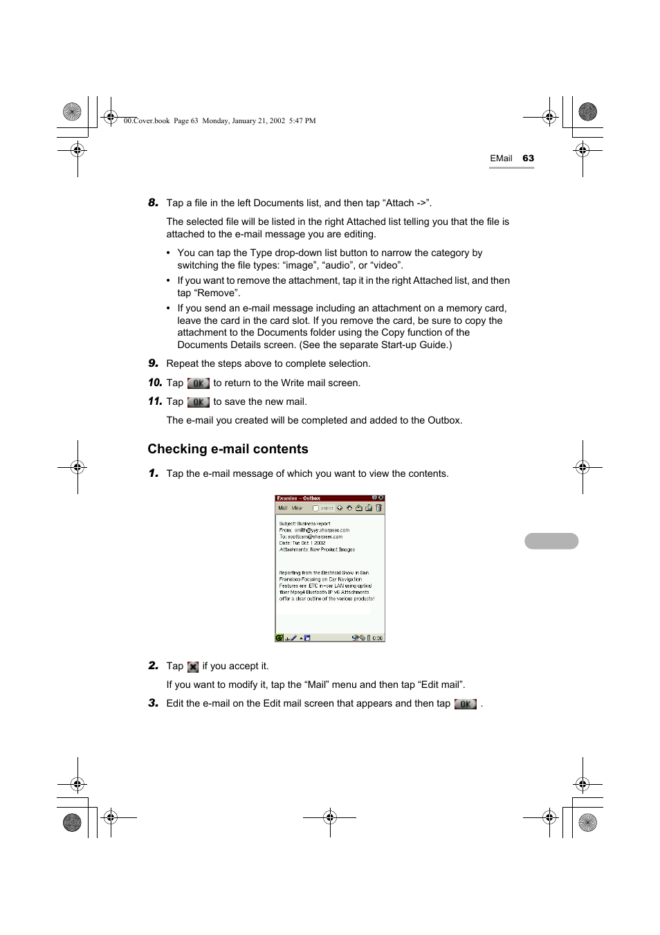 Checking e-mail contents | Sharp SL-5500 User Manual | Page 68 / 148