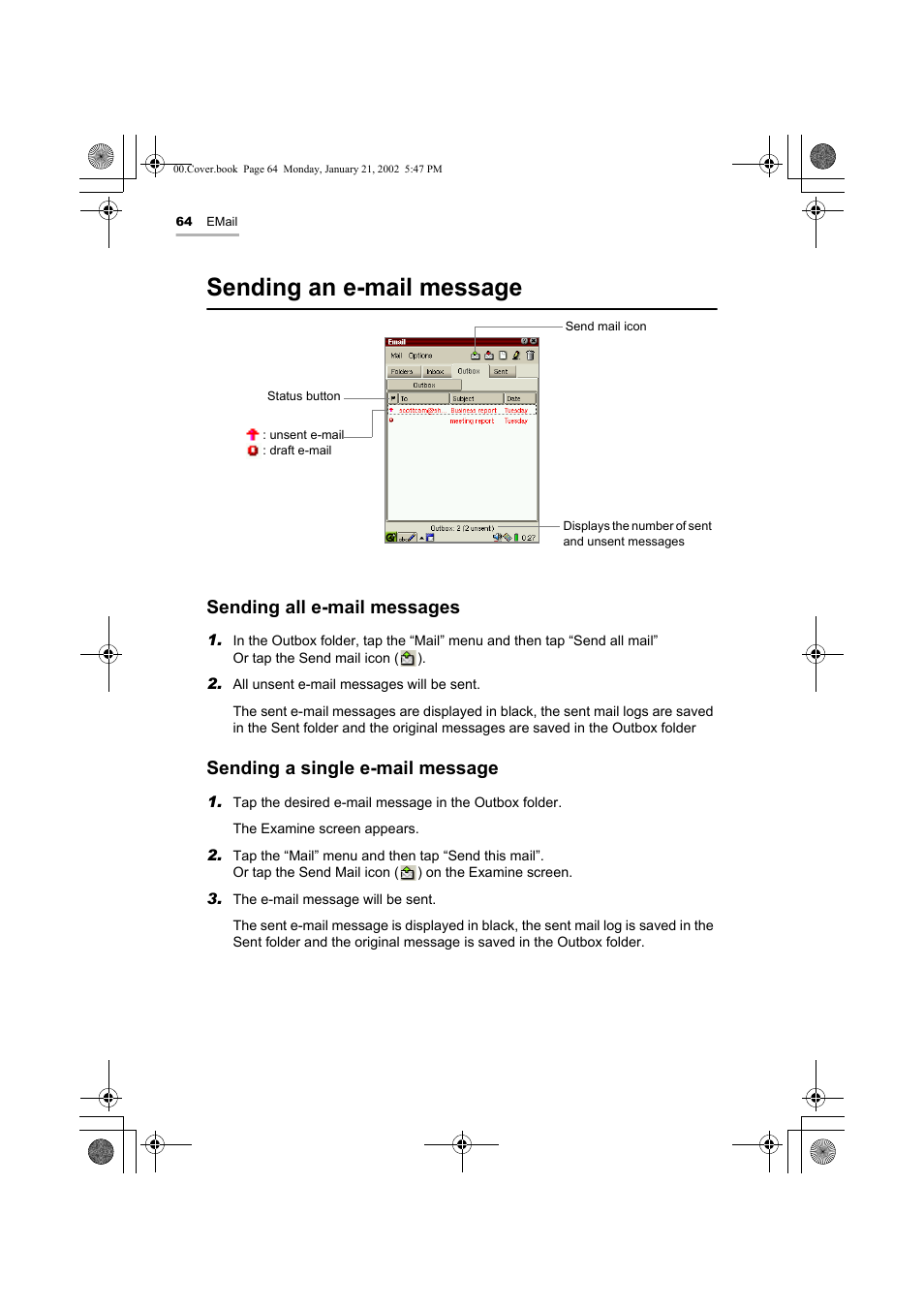 Sending an e-mail message, Sending all e-mail messages, Sending a single e-mail message | Sharp SL-5500 User Manual | Page 69 / 148