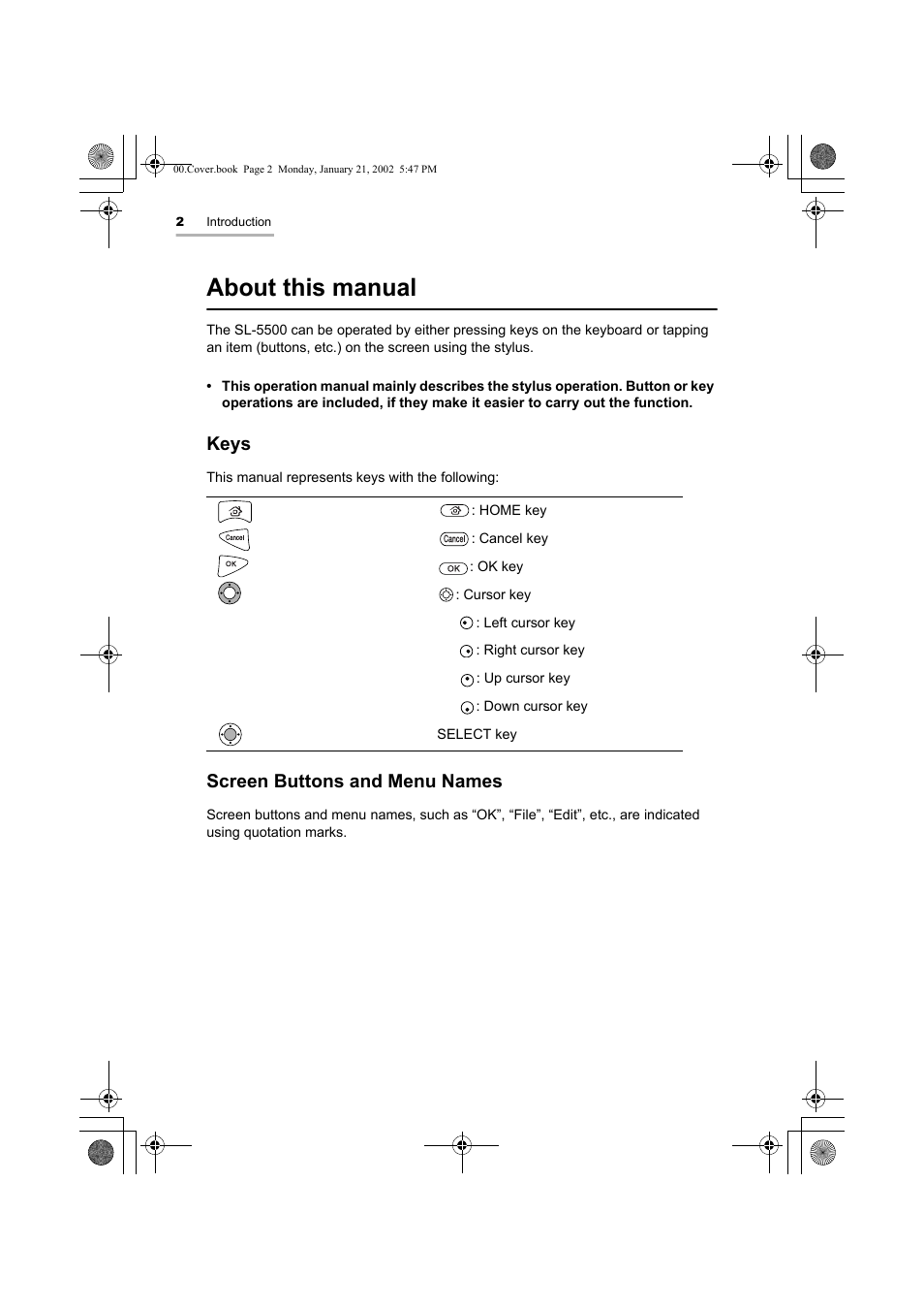 About this manual, Keys, Screen buttons and menu names | Sharp SL-5500 User Manual | Page 7 / 148