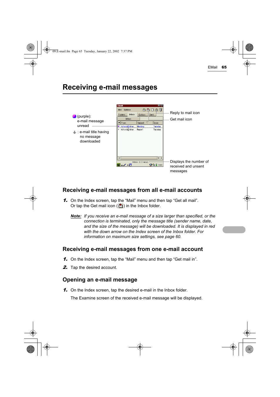 Receiving e-mail messages, Receiving e-mail messages from all e-mail accounts, Receiving e-mail messages from one e-mail account | Opening an e-mail message | Sharp SL-5500 User Manual | Page 70 / 148