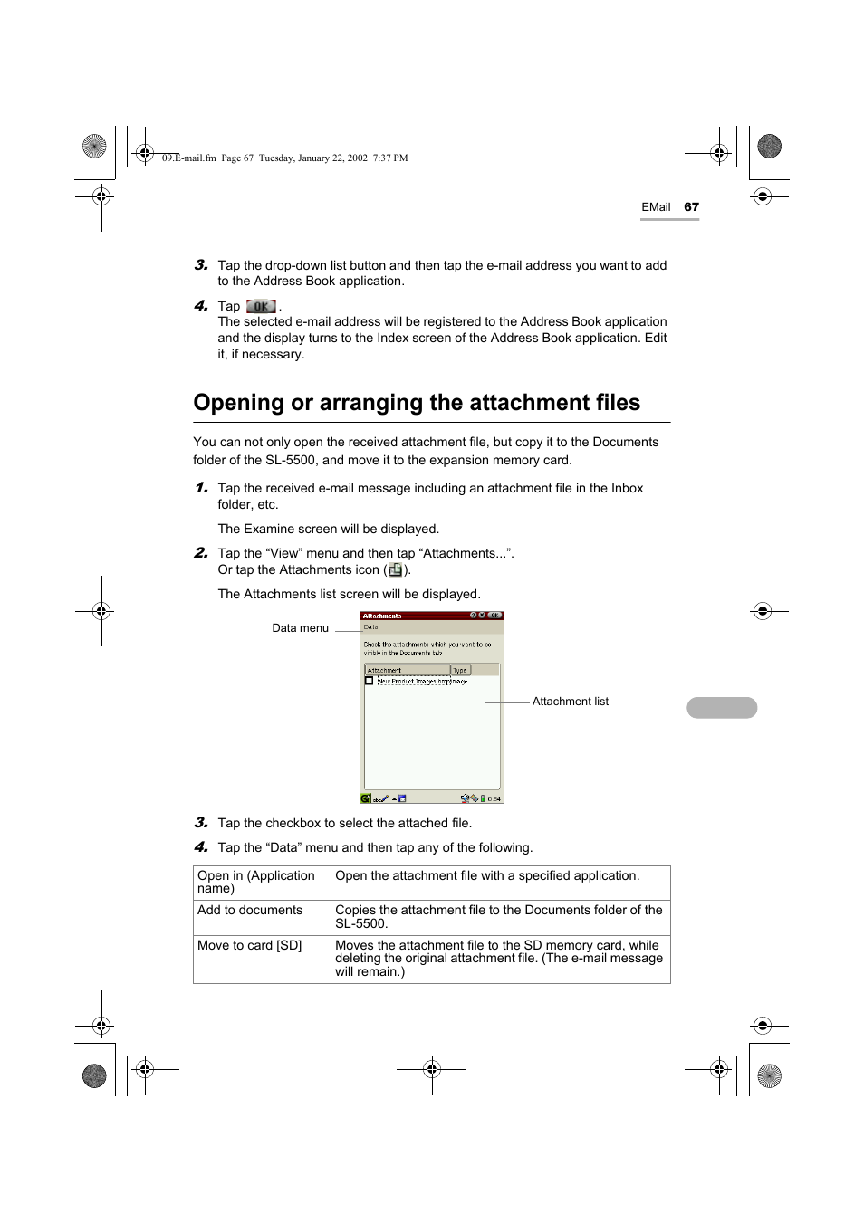 Opening or arranging the attachment files | Sharp SL-5500 User Manual | Page 72 / 148