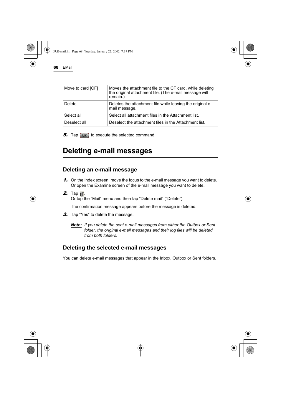 Deleting e-mail messages, Deleting an e-mail message, Deleting the selected e-mail messages | Sharp SL-5500 User Manual | Page 73 / 148