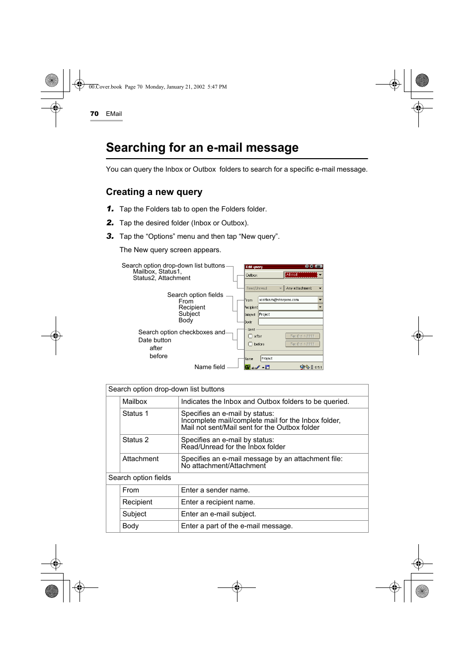 Searching for an e-mail message, Creating a new query | Sharp SL-5500 User Manual | Page 75 / 148