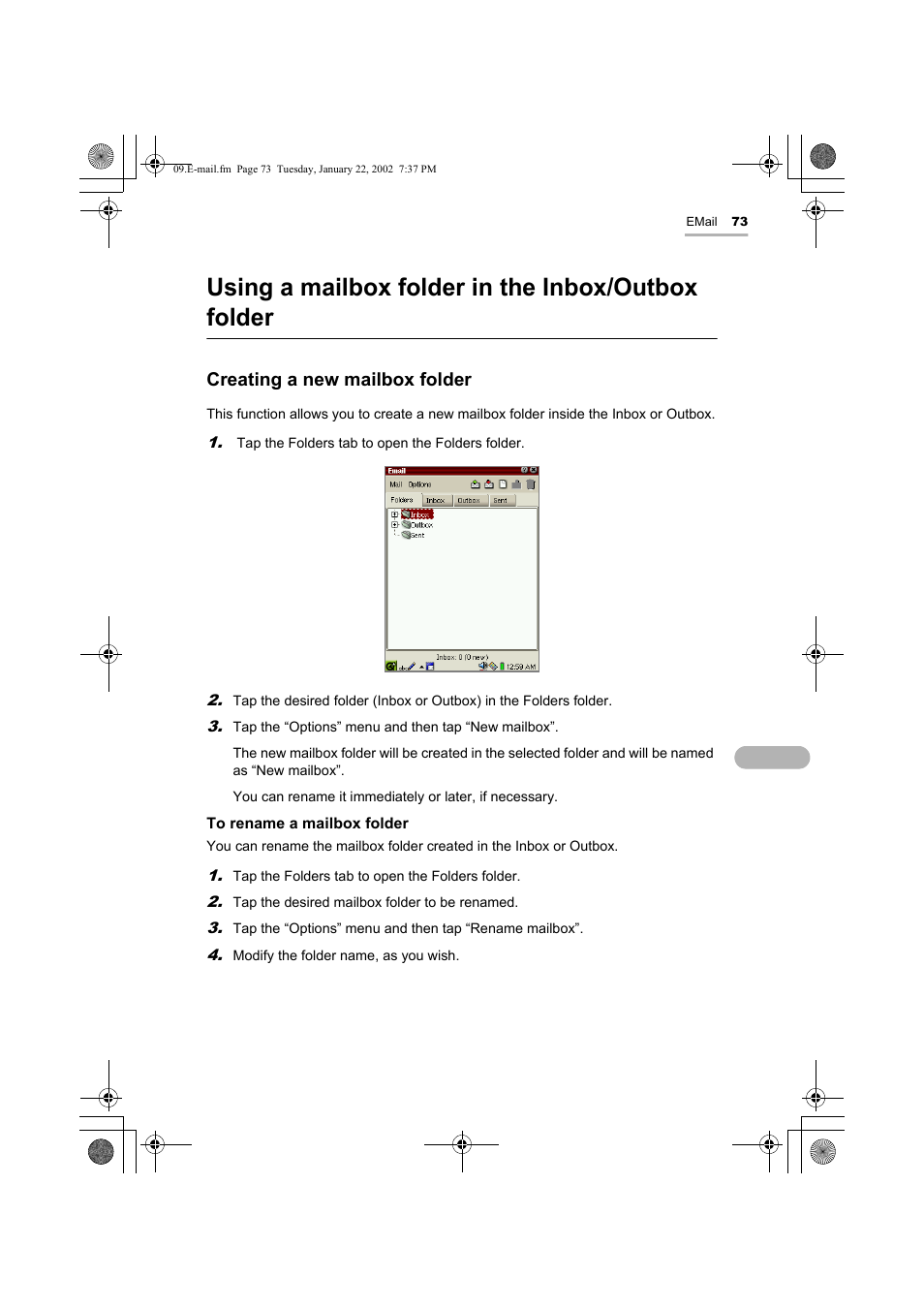 Using a mailbox folder in the inbox/outbox folder, Creating a new mailbox folder | Sharp SL-5500 User Manual | Page 78 / 148