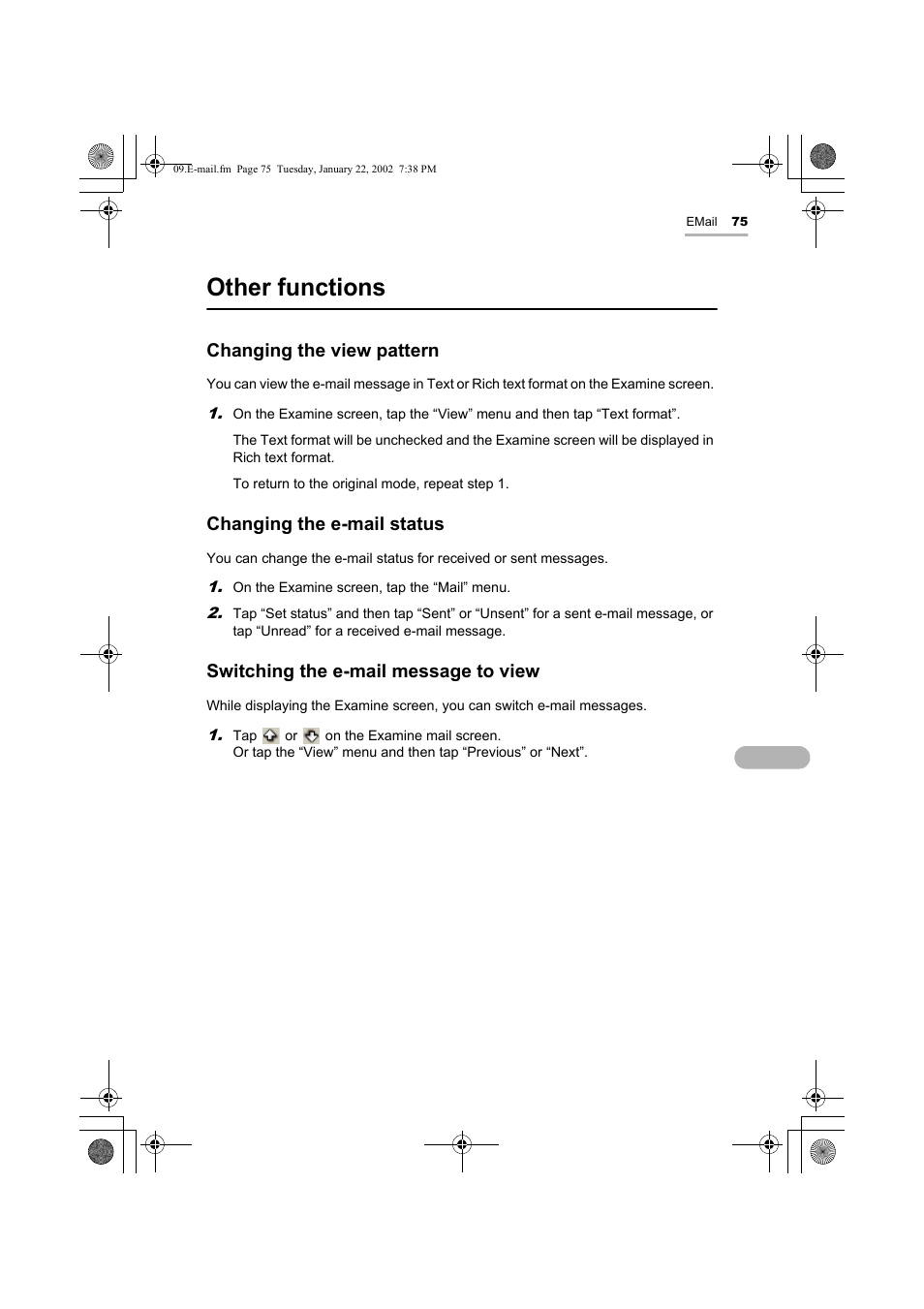 Other functions, Changing the view pattern, Changing the e-mail status | Switching the e-mail message to view | Sharp SL-5500 User Manual | Page 80 / 148