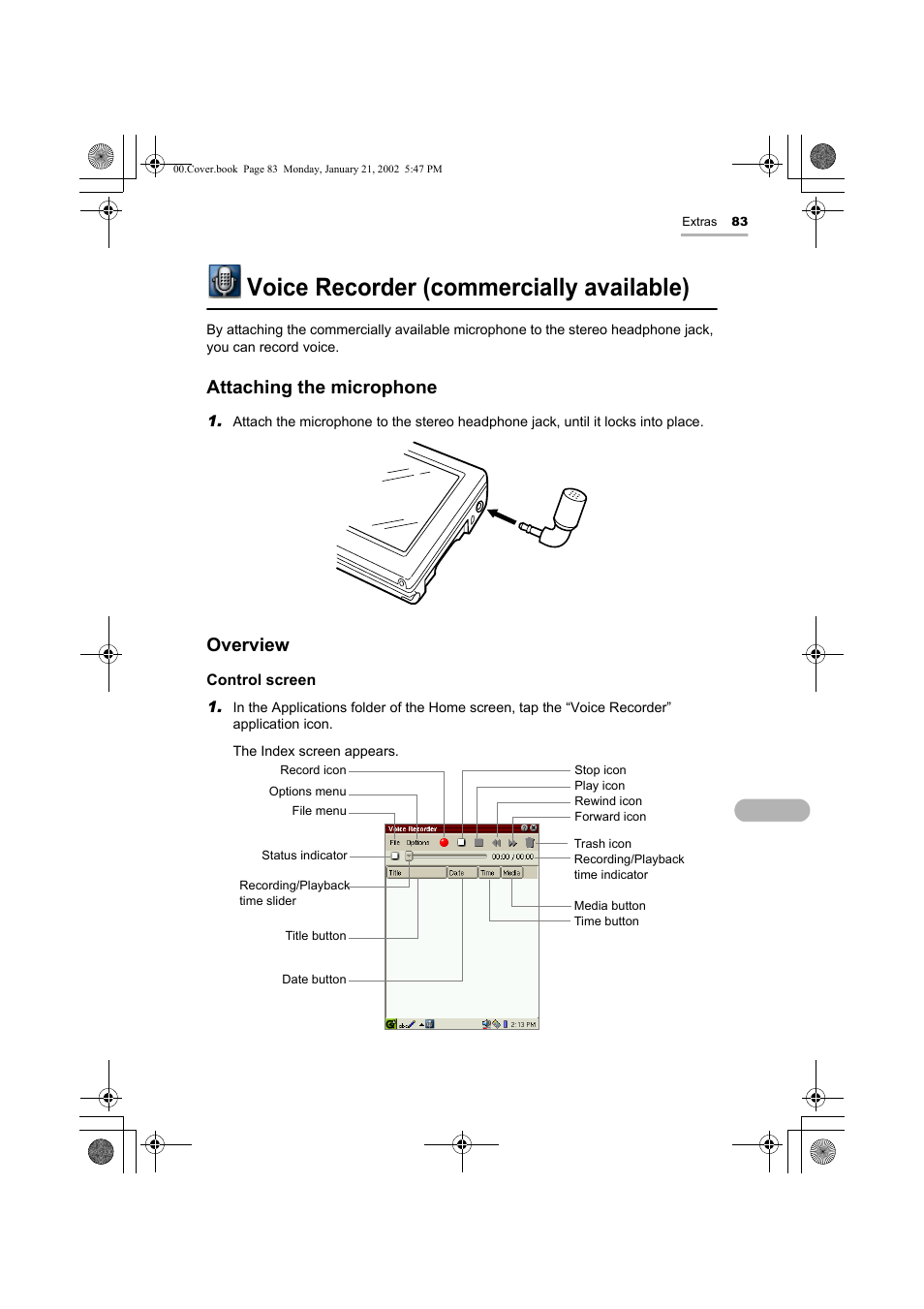 Voice recorder (commercially available), Attaching the microphone, Overview | Sharp SL-5500 User Manual | Page 88 / 148