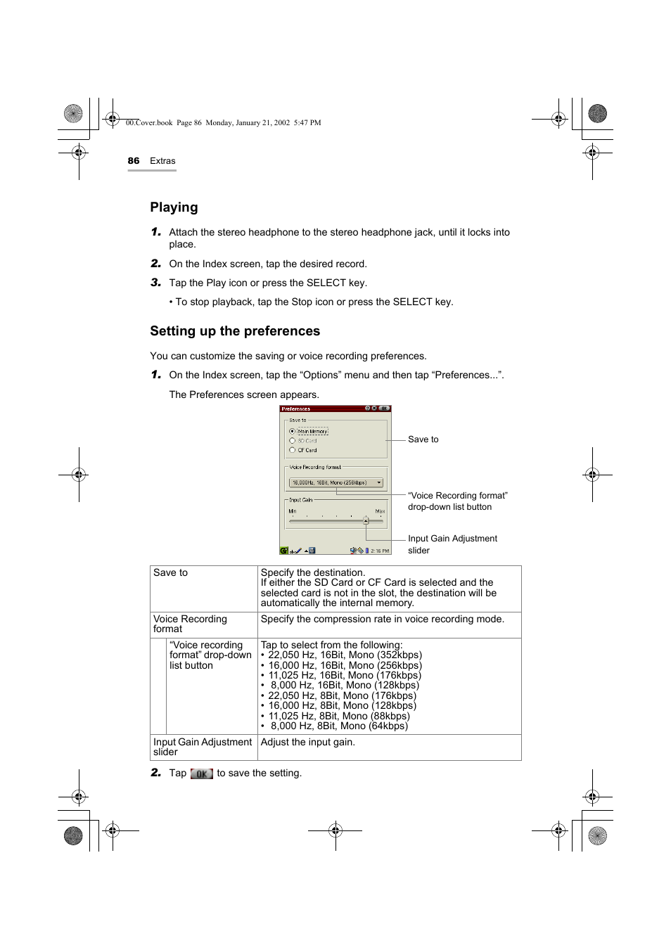 Playing, Setting up the preferences | Sharp SL-5500 User Manual | Page 91 / 148