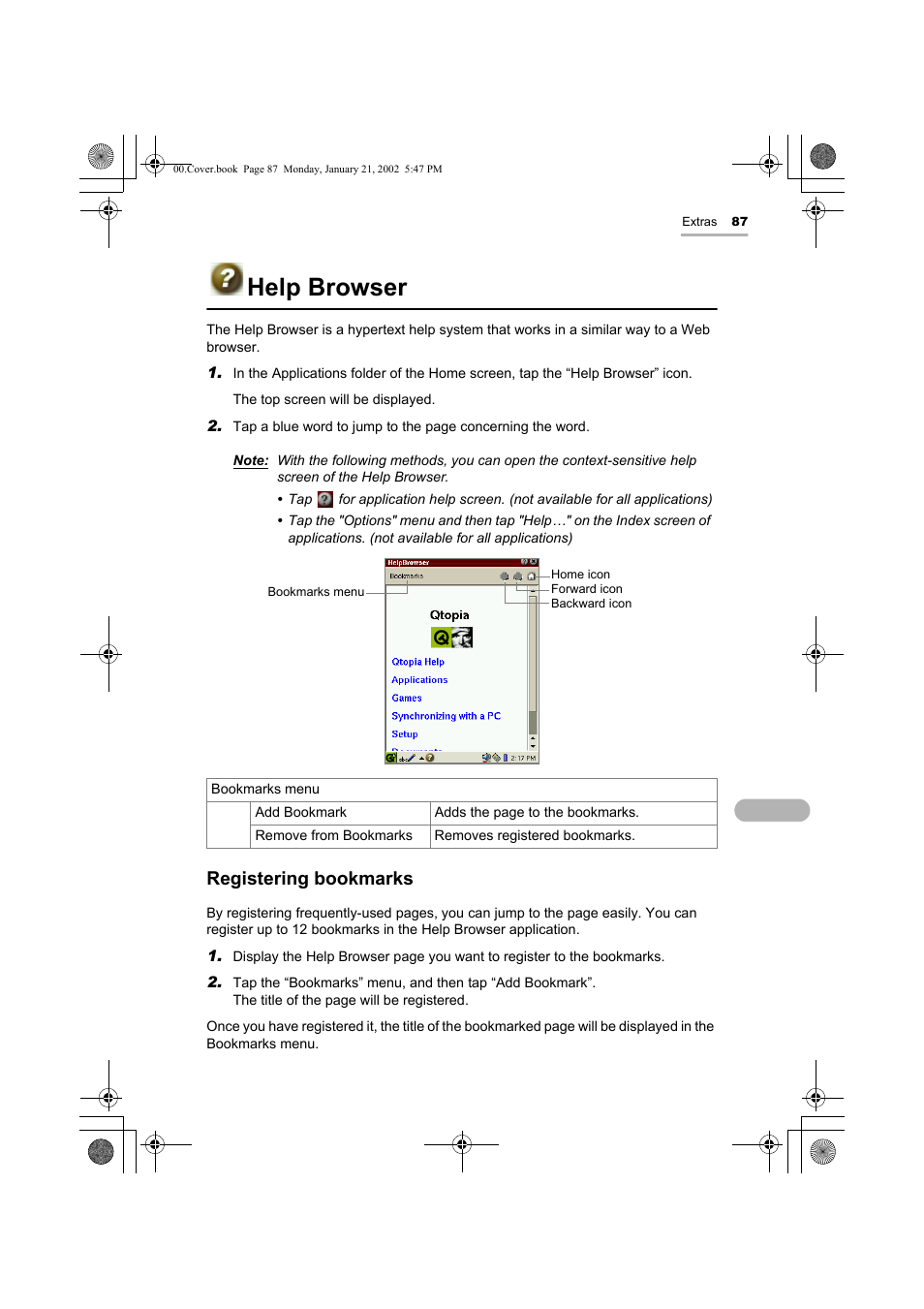 Help browser, Registering bookmarks | Sharp SL-5500 User Manual | Page 92 / 148