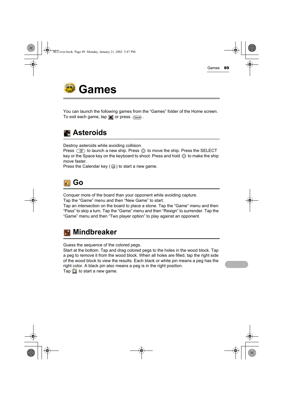 Games, Asteroids, Mindbreaker | Sharp SL-5500 User Manual | Page 94 / 148