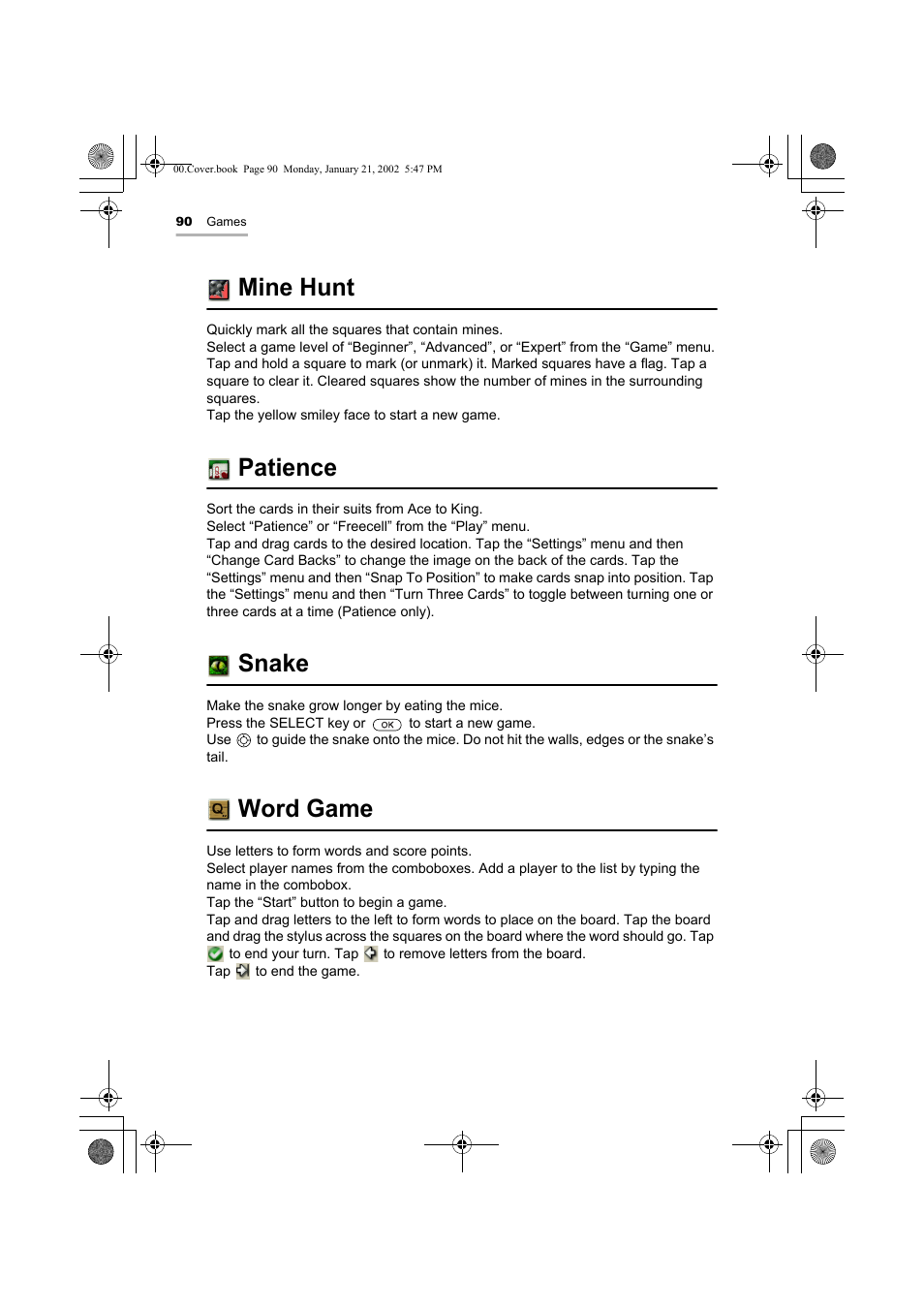 Mine hunt, Patience, Snake | Word game | Sharp SL-5500 User Manual | Page 95 / 148