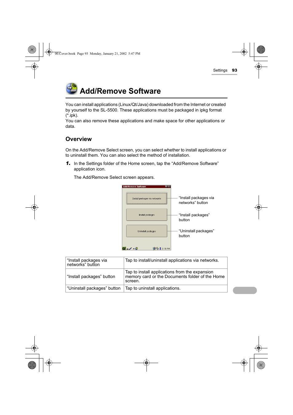 Add/remove software, Overview | Sharp SL-5500 User Manual | Page 98 / 148