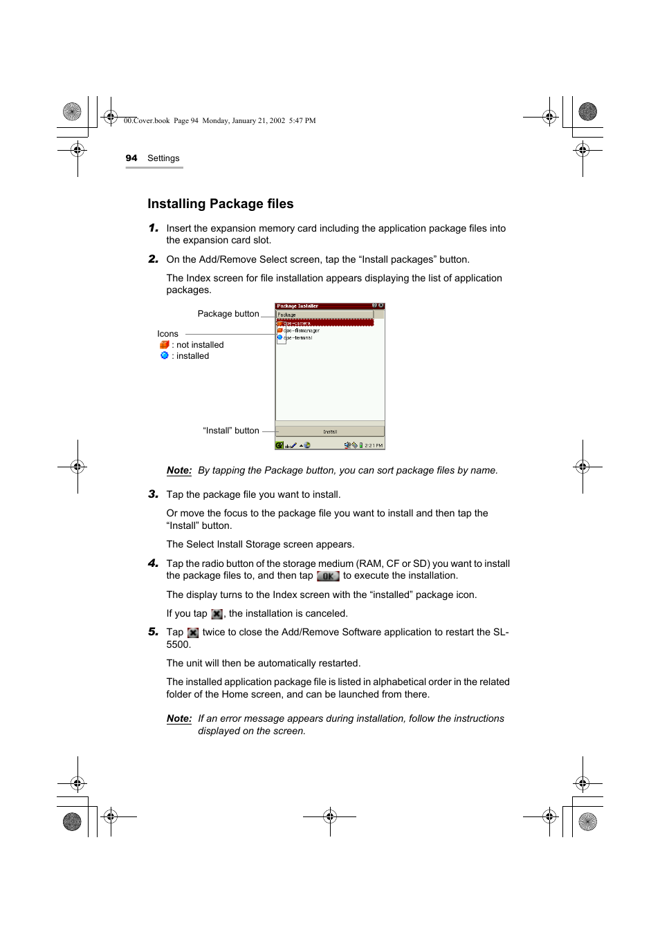 Installing package files | Sharp SL-5500 User Manual | Page 99 / 148