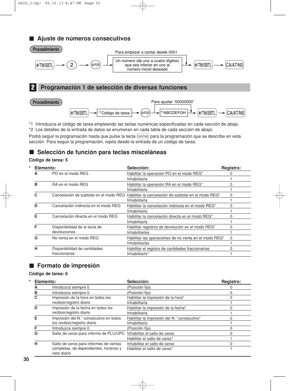 2s @ s a, Ajuste de números consecutivos, Selección de función para teclas misceláneas | Formato de impresión, Programación 1 de selección de diversas funciones | Sharp XE-A42S User Manual | Page 114 / 132