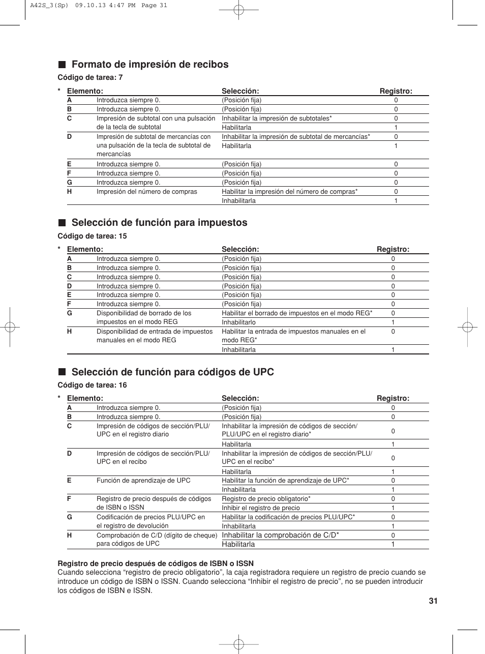 Formato de impresión de recibos, Selección de función para impuestos, Selección de función para códigos de upc | Sharp XE-A42S User Manual | Page 115 / 132