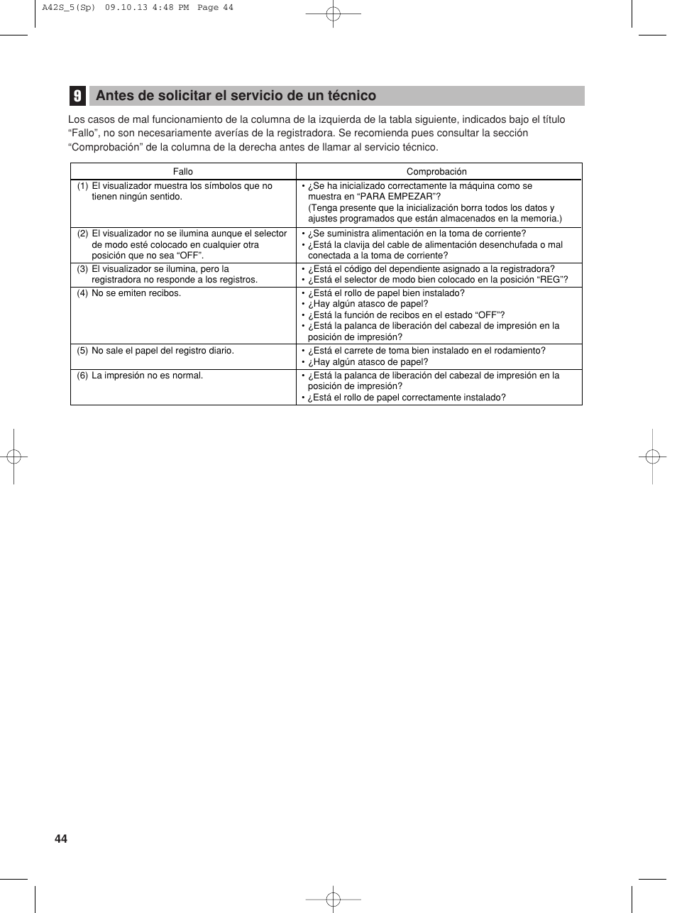 Antes de solicitar el servicio de un técnico | Sharp XE-A42S User Manual | Page 128 / 132