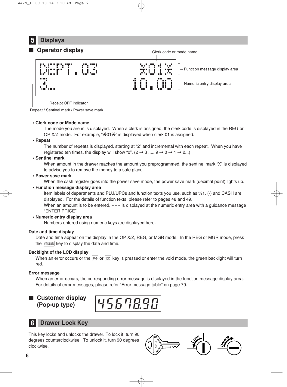 Drawer lock key, Operator display, Customer display (pop-up type) displays | Sharp XE-A42S User Manual | Page 8 / 132
