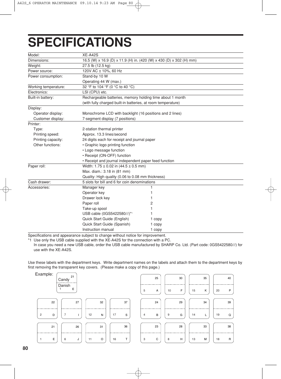 Specifications | Sharp XE-A42S User Manual | Page 82 / 132