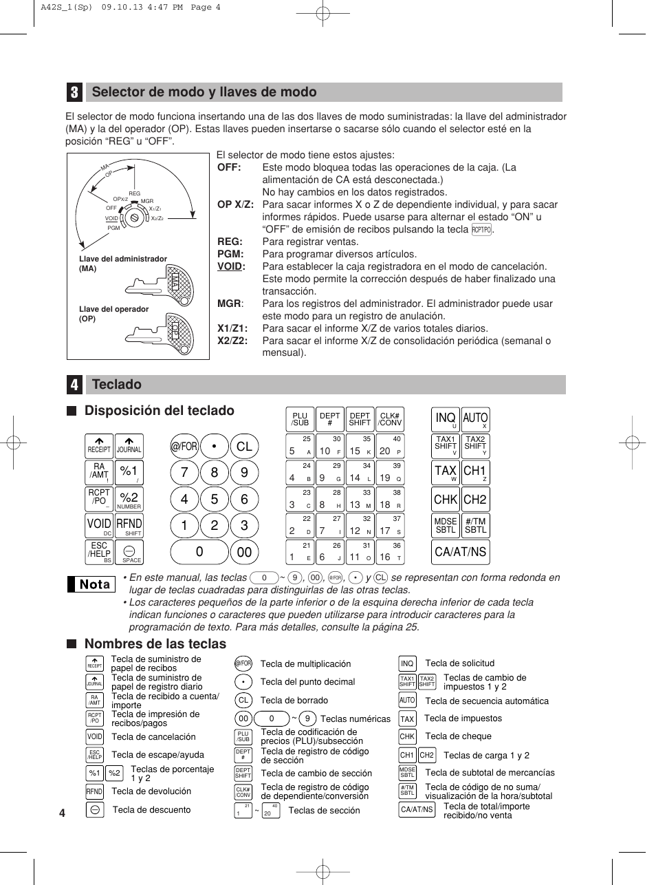 Disposición del teclado, Nombres de las teclas teclado, Selector de modo y llaves de modo | 1 void rfnd, Auto inq, Chk ch2, Tax ch1, Ca/at/ns | Sharp XE-A42S User Manual | Page 88 / 132