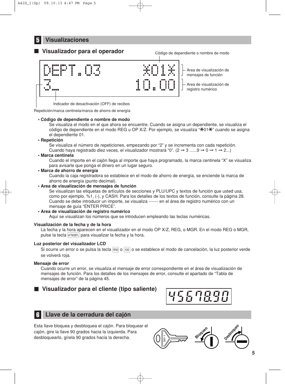 Llave de la cerradura del cajón, Visualizador para el operador | Sharp XE-A42S User Manual | Page 89 / 132