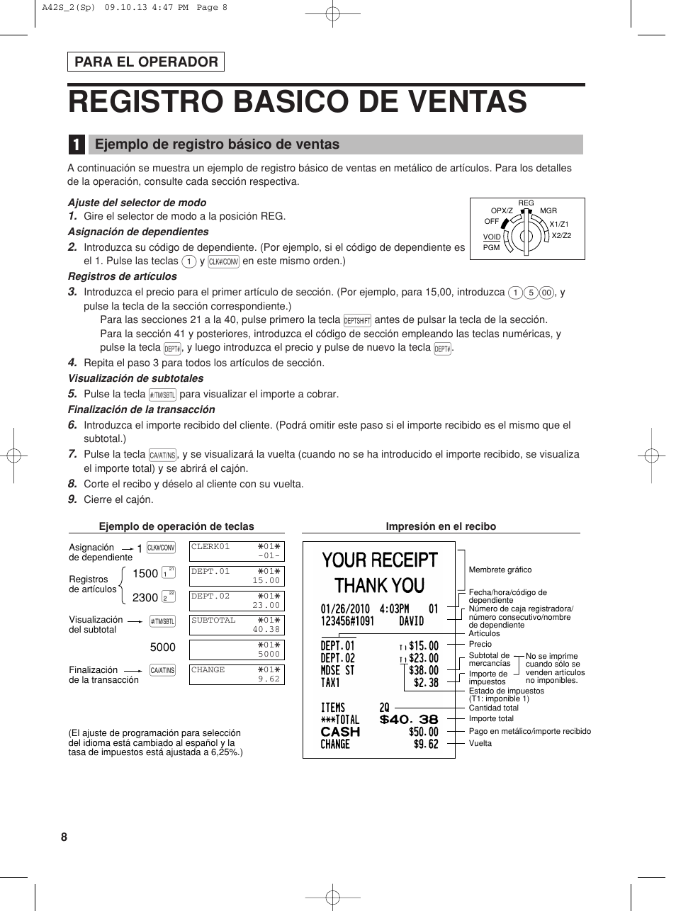 Registro basico de ventas, Para el operador, Ejemplo de registro básico de ventas | Sharp XE-A42S User Manual | Page 92 / 132