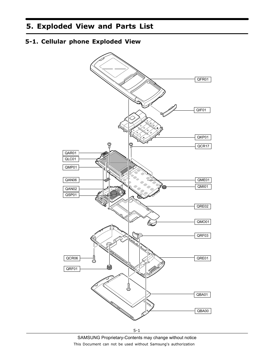 Exploded view and parts list, 1. cellular phone exploded view | Sharp SGH-C130 User Manual | Page 15 / 60