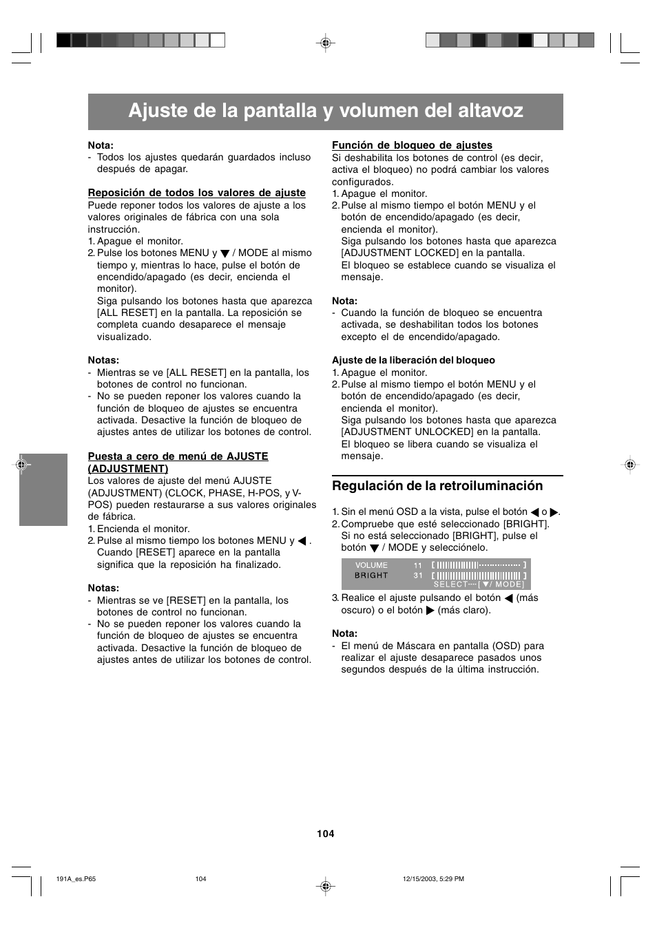 Ajuste de la pantalla y volumen del altavoz, Regulación de la retroiluminación | Sharp LL-191A User Manual | Page 104 / 148