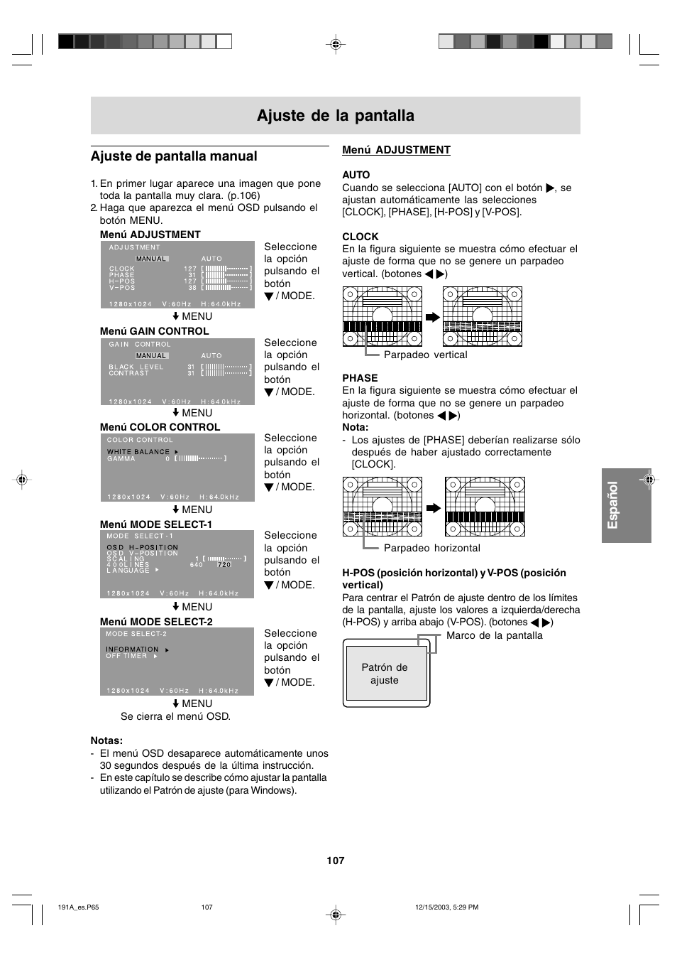 Ajuste de la pantalla, Ajuste de pantalla manual | Sharp LL-191A User Manual | Page 107 / 148