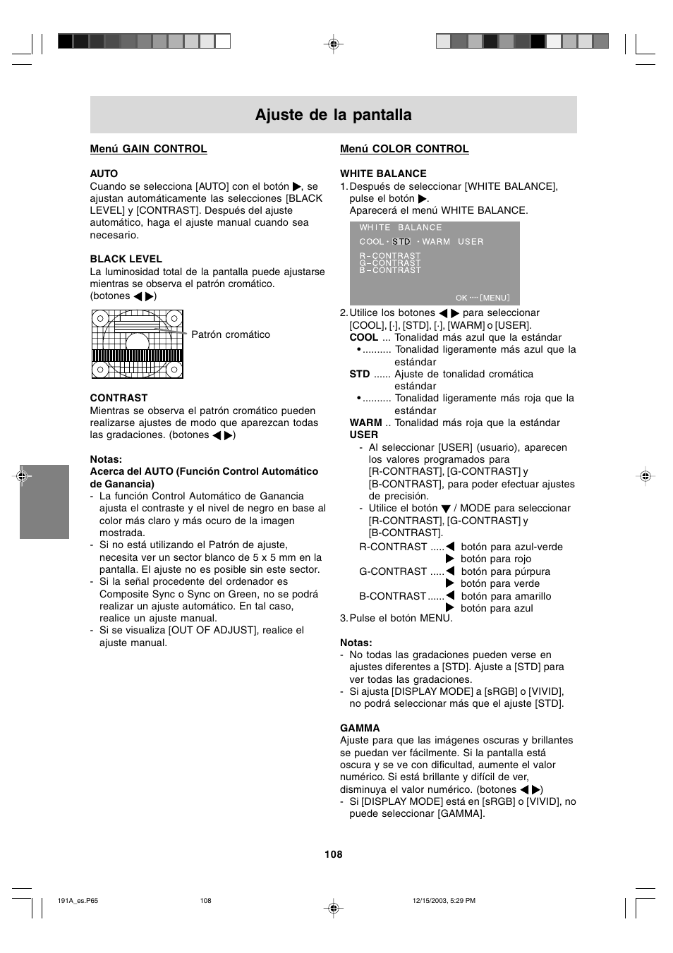 Ajuste de la pantalla | Sharp LL-191A User Manual | Page 108 / 148