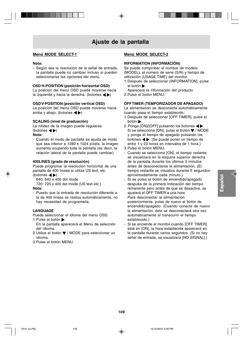 Ajuste de la pantalla | Sharp LL-191A User Manual | Page 109 / 148