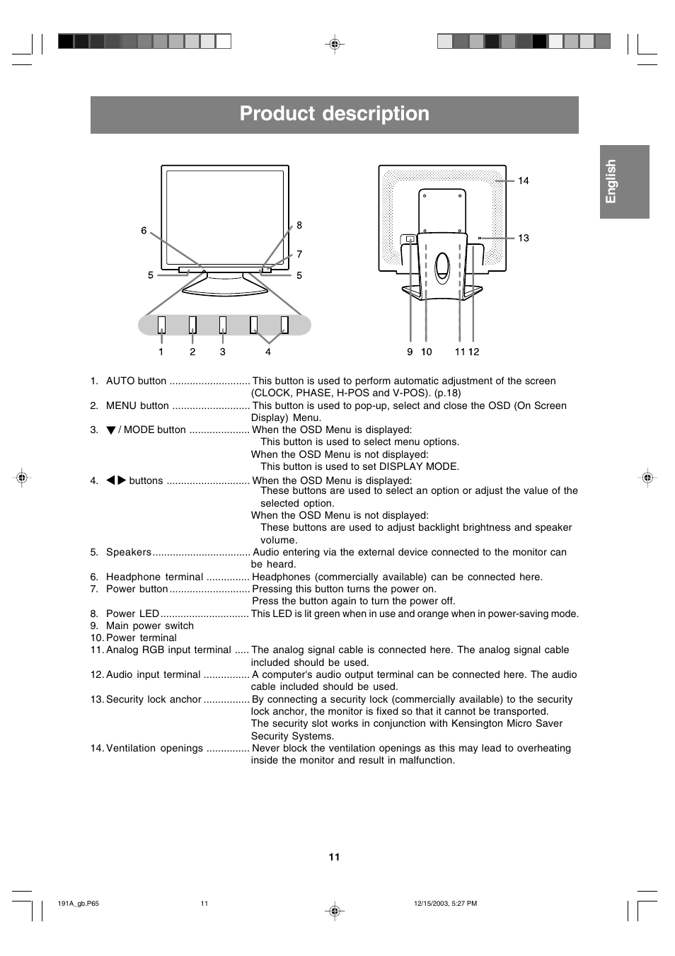 Product description, English | Sharp LL-191A User Manual | Page 11 / 148