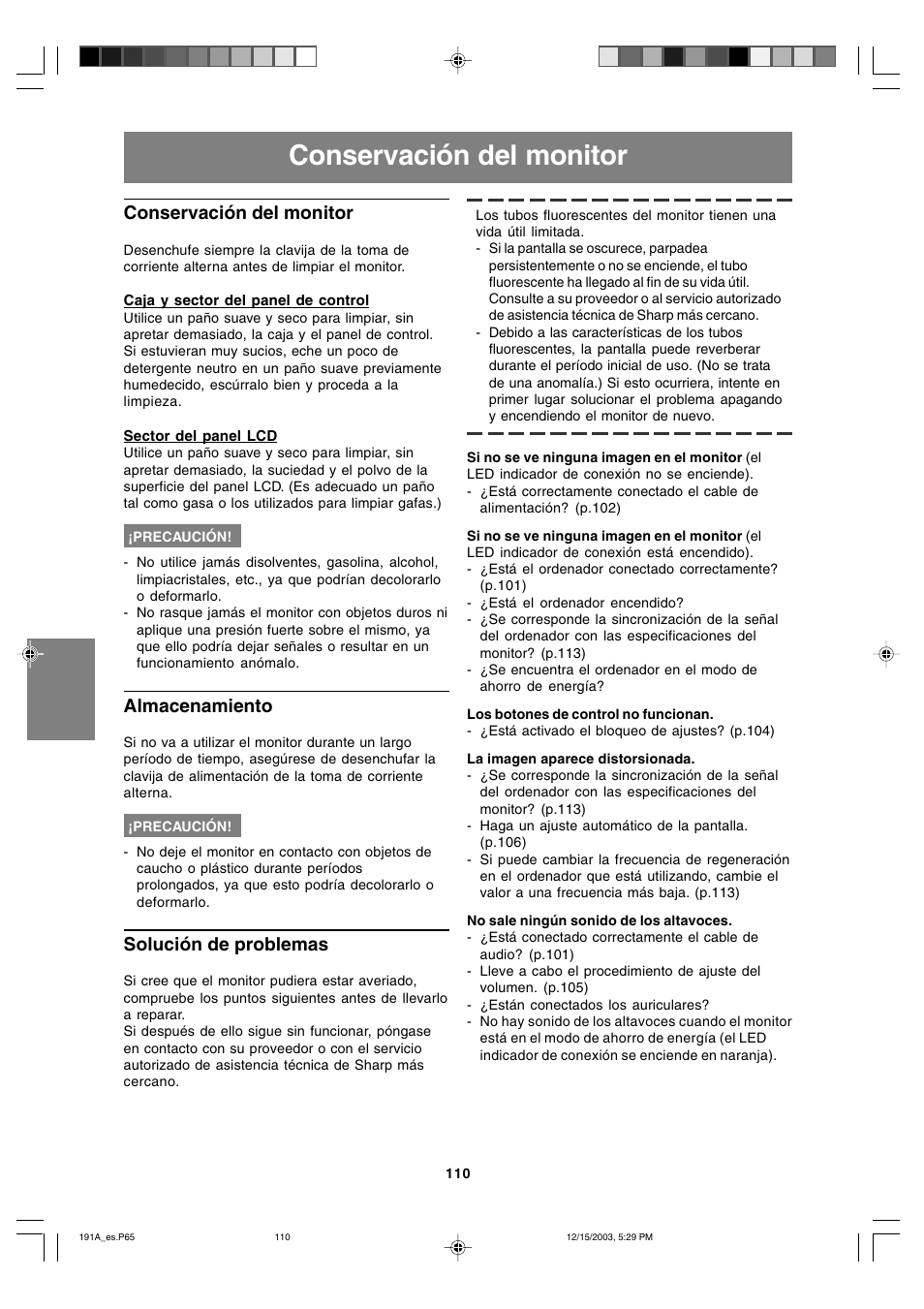 Conservación del monitor, Almacenamiento, Solución de problemas | Sharp LL-191A User Manual | Page 110 / 148