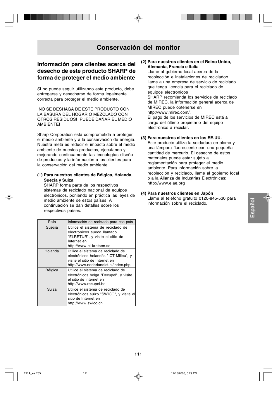 Conservación del monitor, English fran ç ais italiano espa ñ ol english | Sharp LL-191A User Manual | Page 111 / 148