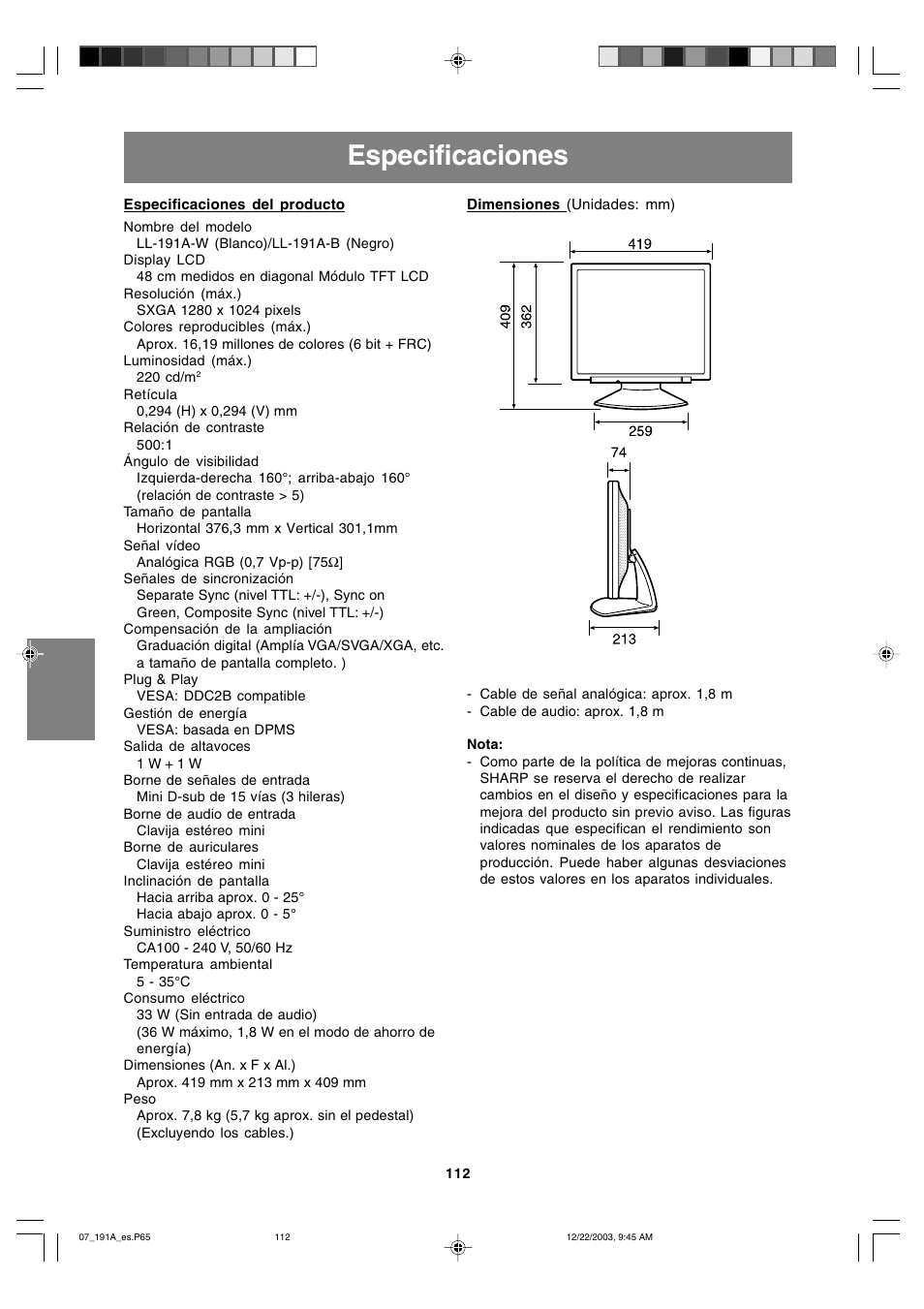 Especificaciones | Sharp LL-191A User Manual | Page 112 / 148