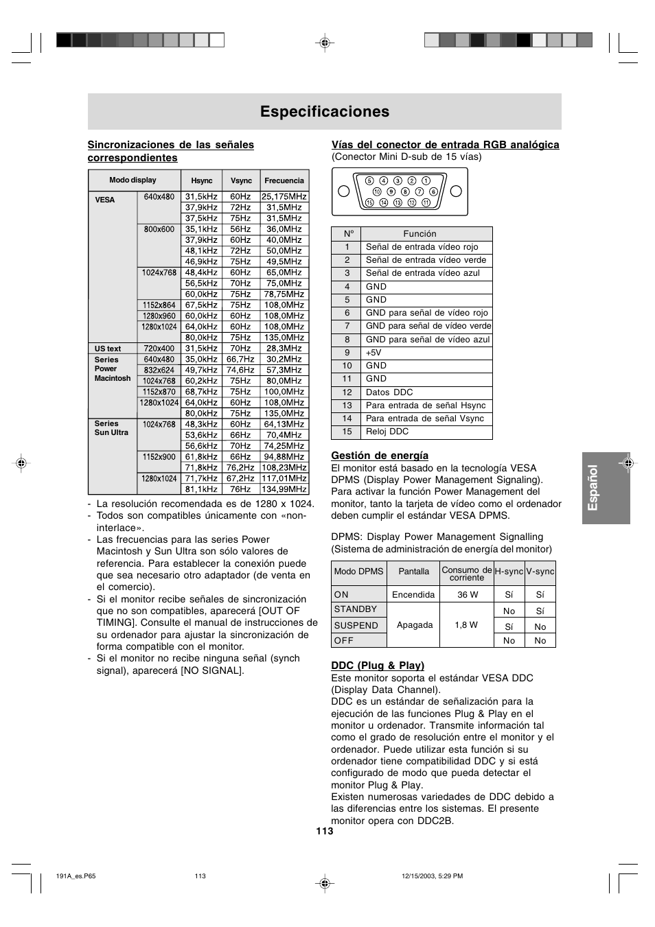 Especificaciones, English fran ç ais italiano espa ñ ol english | Sharp LL-191A User Manual | Page 113 / 148