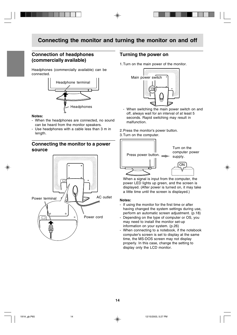 Connection of headphones (commercially available), Connecting the monitor to a power source, Turning the power on | Sharp LL-191A User Manual | Page 14 / 148