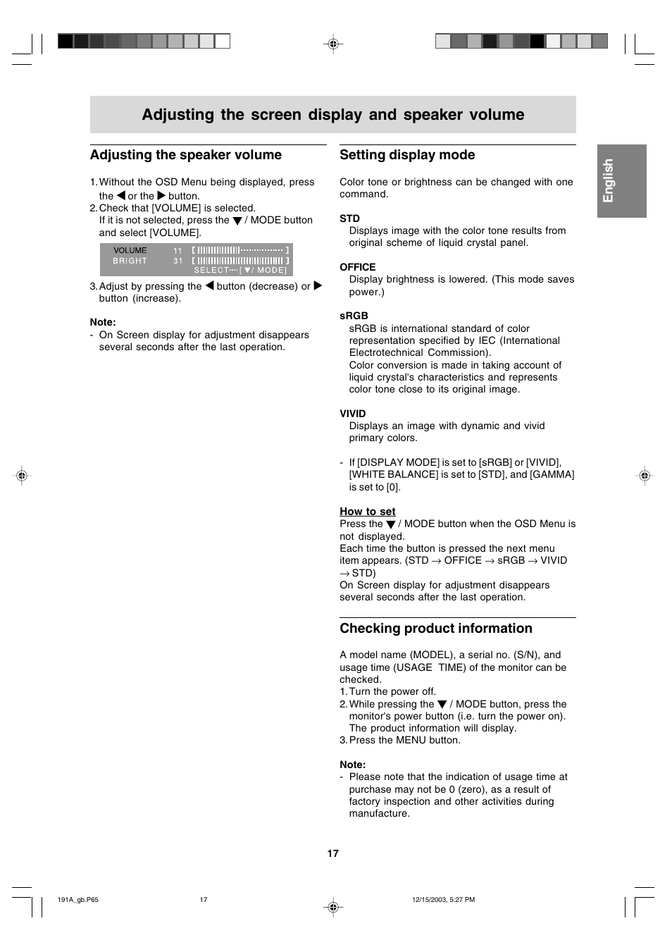 Adjusting the screen display and speaker volume, Adjusting the speaker volume, Setting display mode | Checking product information, English | Sharp LL-191A User Manual | Page 17 / 148