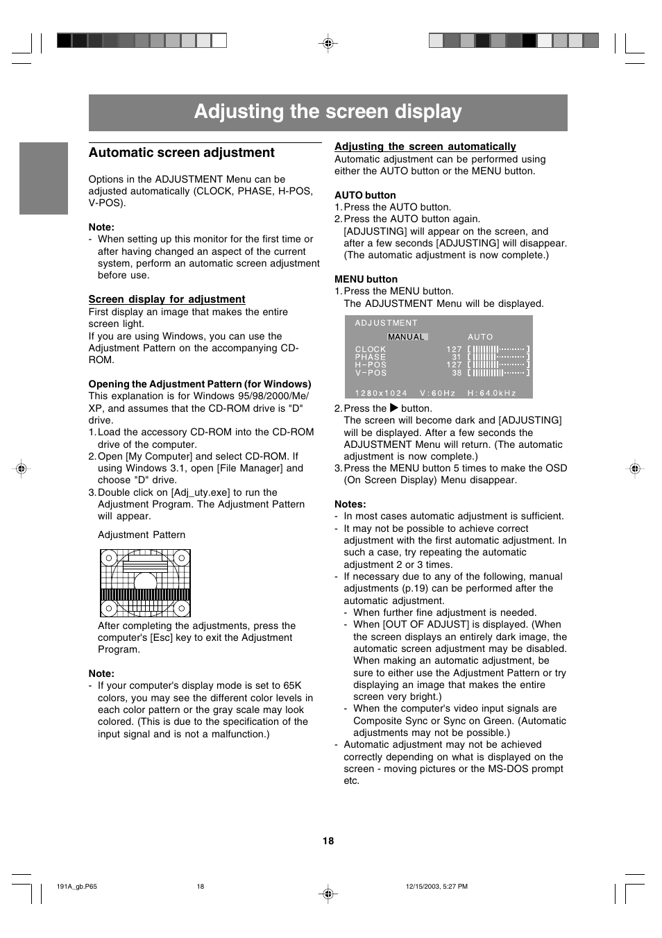 Adjusting the screen display, Automatic screen adjustment | Sharp LL-191A User Manual | Page 18 / 148