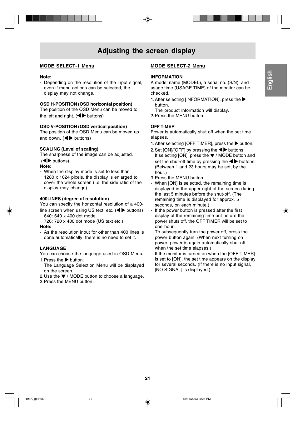 Adjusting the screen display, English | Sharp LL-191A User Manual | Page 21 / 148