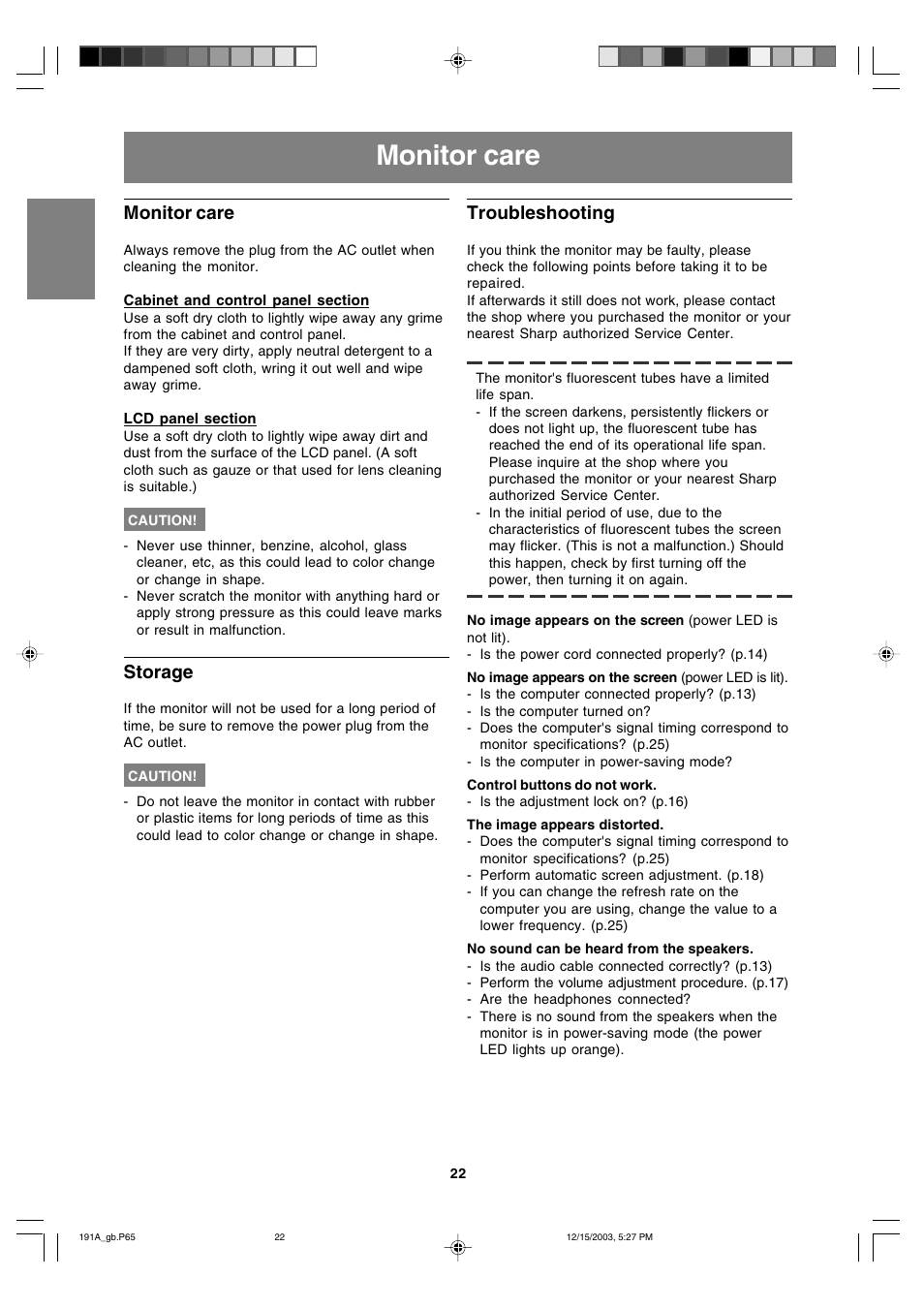 Monitor care, Storage, Troubleshooting | Sharp LL-191A User Manual | Page 22 / 148