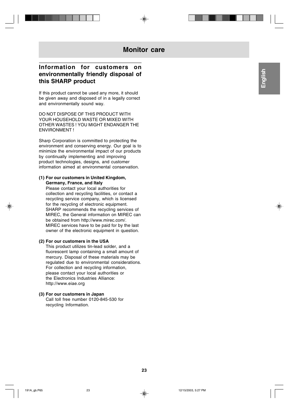 Monitor care, English | Sharp LL-191A User Manual | Page 23 / 148