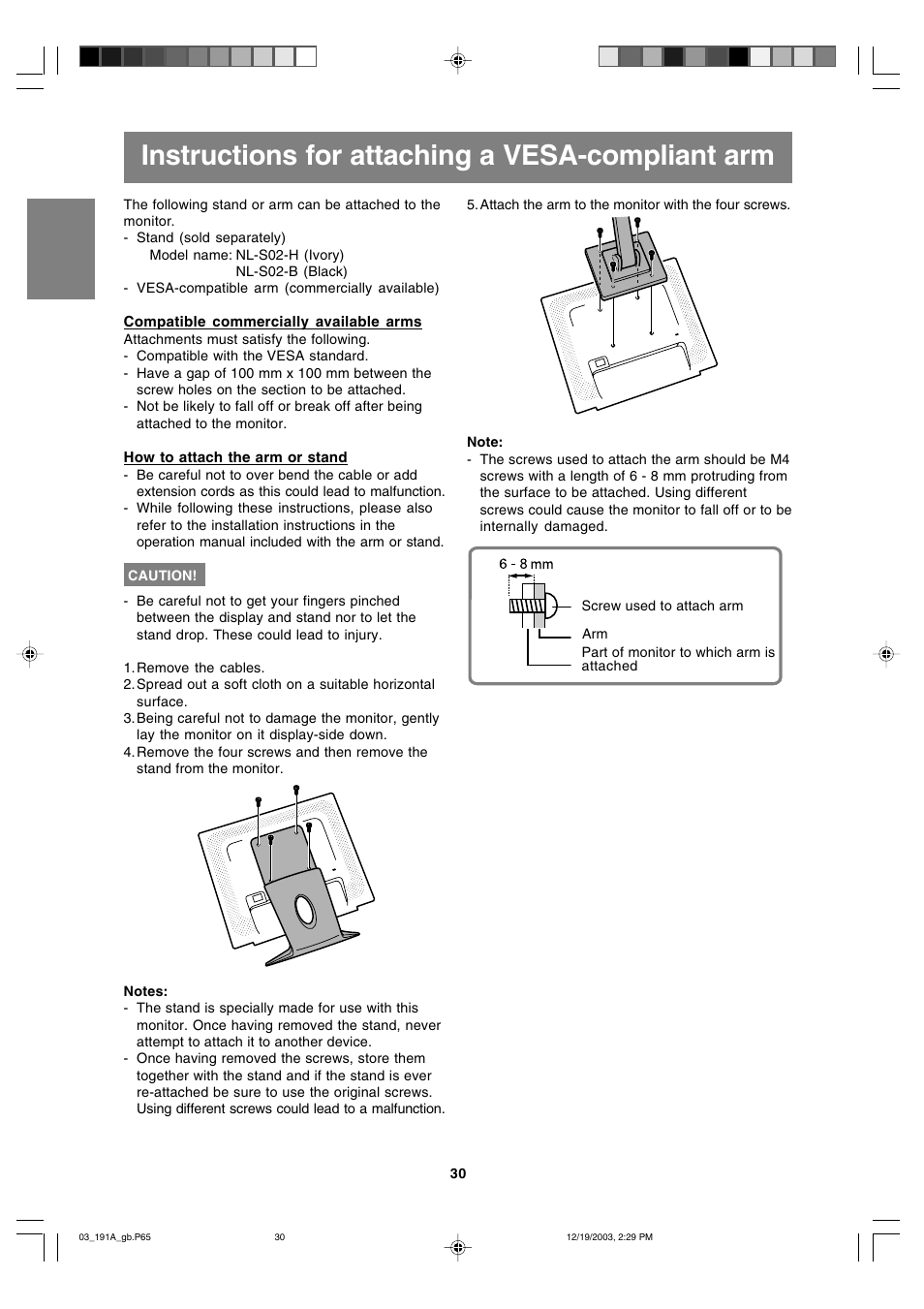 Instructions for attaching a vesa-compliant arm | Sharp LL-191A User Manual | Page 30 / 148