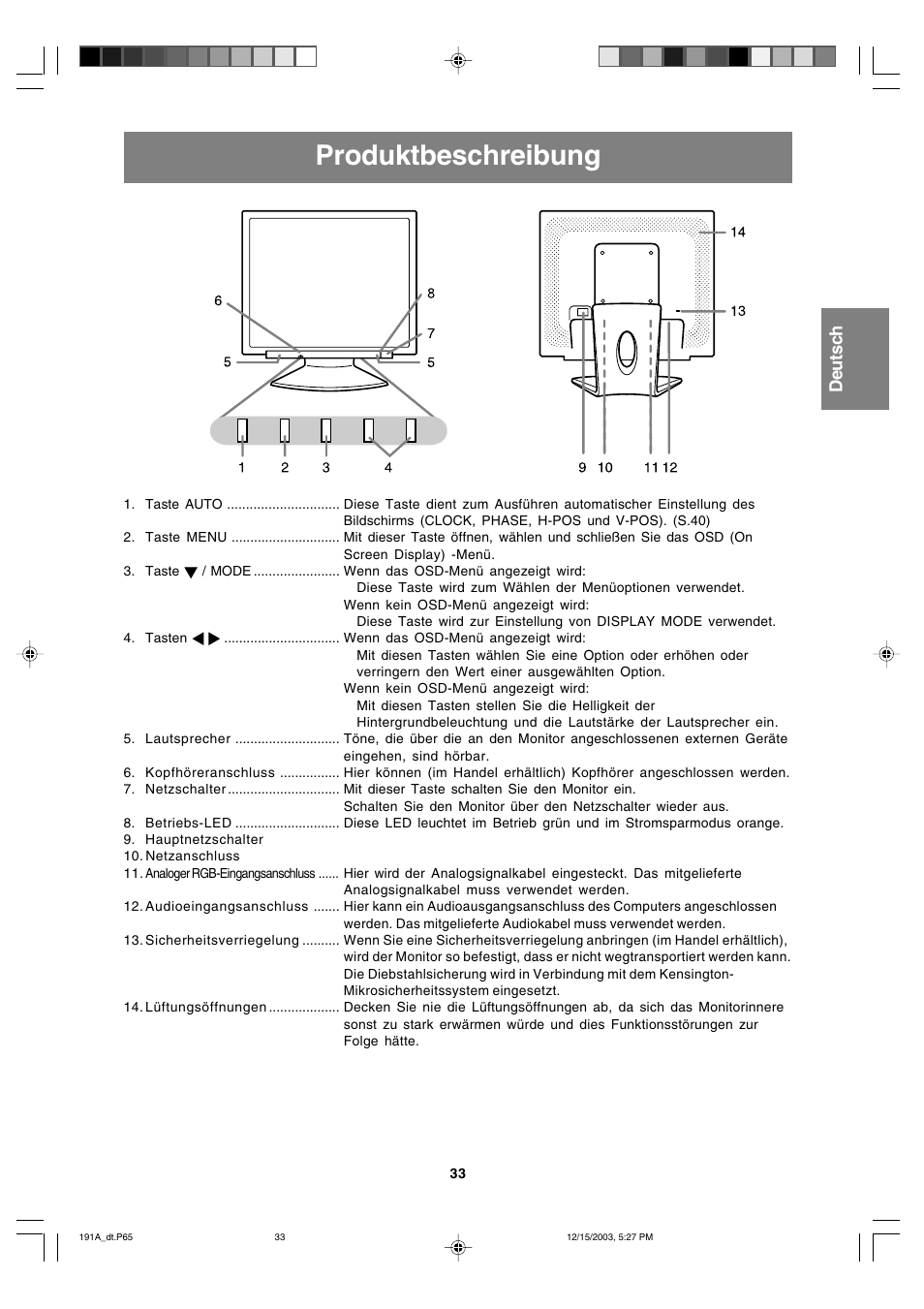 Produktbeschreibung, English deutsch français | Sharp LL-191A User Manual | Page 33 / 148