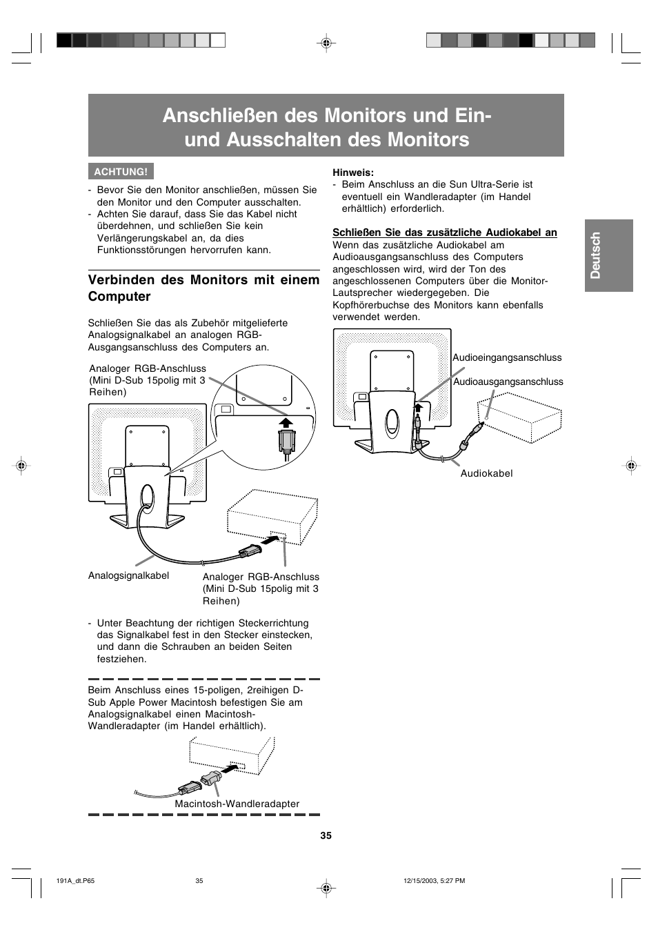 Verbinden des monitors mit einem computer | Sharp LL-191A User Manual | Page 35 / 148
