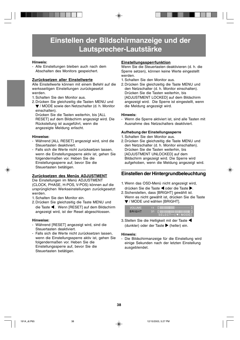 Einstellen der hintergrundbeleuchtung | Sharp LL-191A User Manual | Page 38 / 148