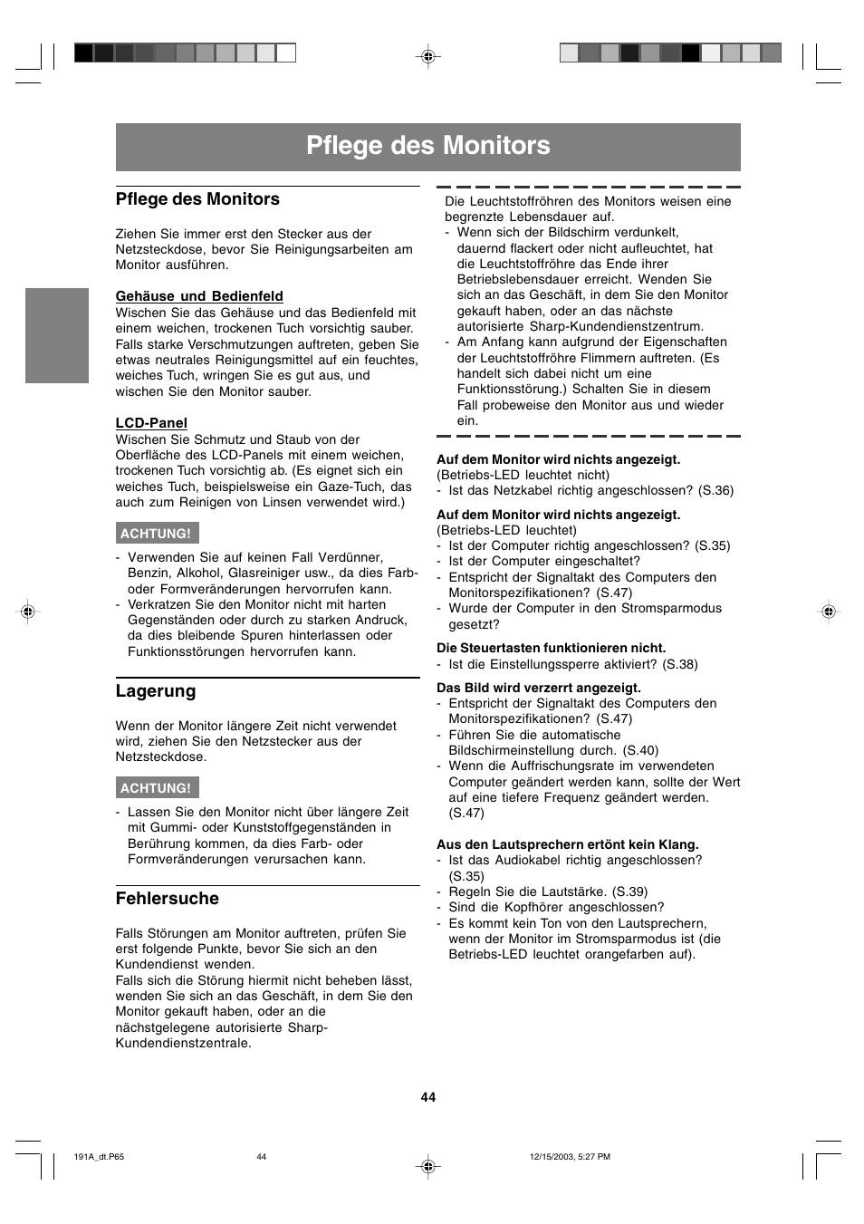 Pflege des monitors, Lagerung, Fehlersuche | Sharp LL-191A User Manual | Page 44 / 148