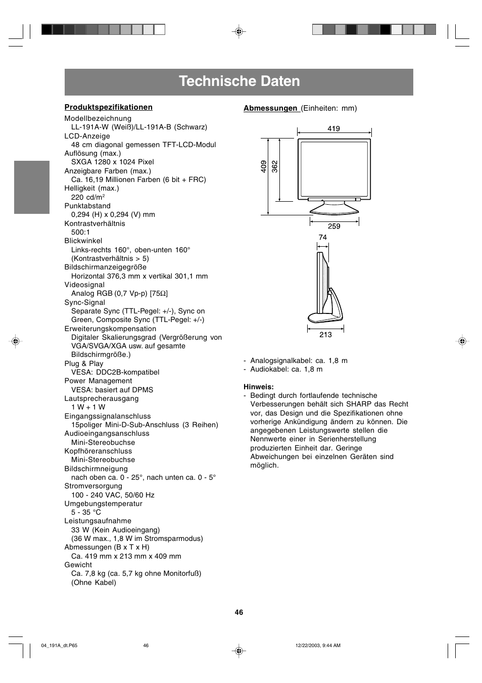 Technische daten | Sharp LL-191A User Manual | Page 46 / 148