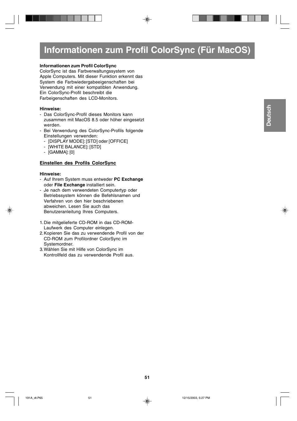 Informationen zum profil colorsync (für macos) | Sharp LL-191A User Manual | Page 51 / 148