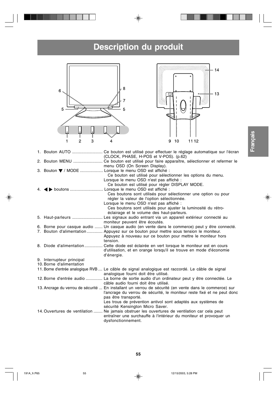 Description du produit, English deutsch français italiano español english | Sharp LL-191A User Manual | Page 55 / 148