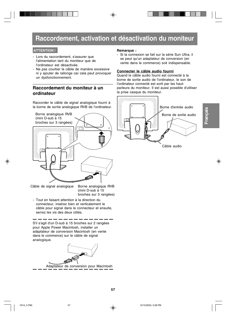 Raccordement du moniteur à un ordinateur | Sharp LL-191A User Manual | Page 57 / 148